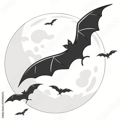 Black bats flying in front of a full moon vector