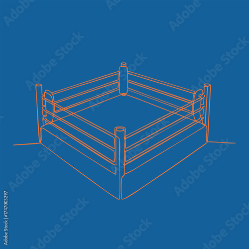 Minimalist Line Drawing of a Boxing Ring with Corner Posts and Ropes on a Solid