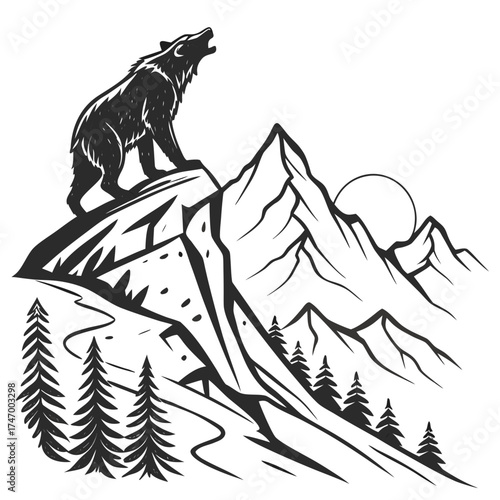 Black bear howling on mountain peak with trees and sun