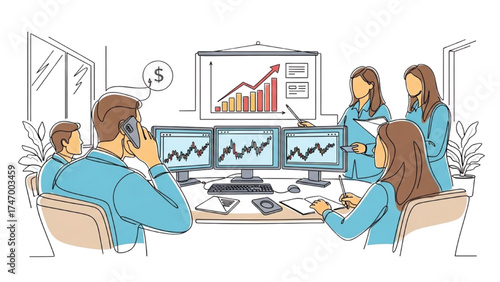 Colorful Continuous Line Drawing of Stock Trader on Phone with Multiple Monitors and Team Discussing Financial Growth in Professional Corporate Setup