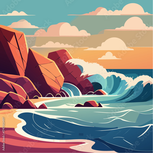 Coastal landscape with crashing waves and rocky cliffs