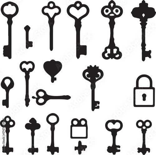 Old antique skeleton keys set, a vintage illustration of security and protection icons