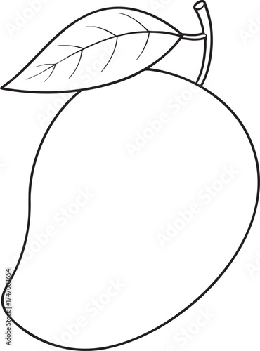 Simple line art mango fruit with leaf outline sketch perfect for coloring page design and creative fruit illustrations