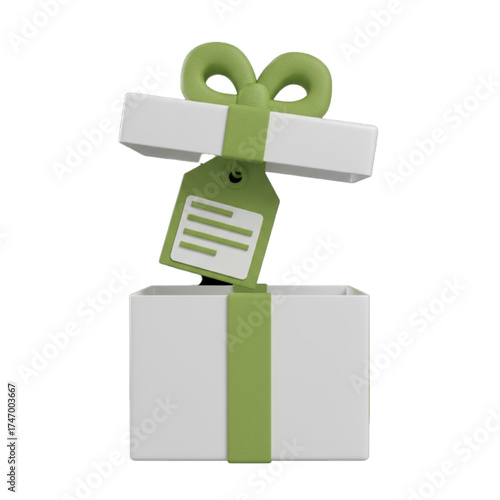 Open white gift box with green ribbon and tag isolated on transparent background