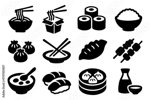 Asian food icon set – sushi, noodles, rice, traditional cuisine symbols
