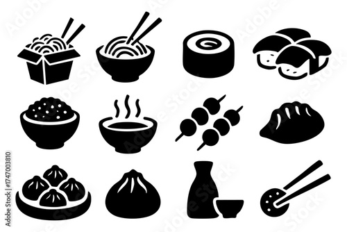 Asian food icon set – sushi, noodles, rice, traditional cuisine symbols