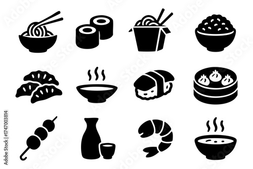 Asian food icon set – sushi, noodles, rice, traditional cuisine symbols