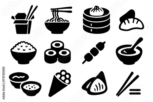 Asian food icon set – sushi, noodles, rice, traditional cuisine symbols
