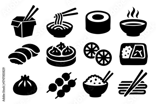 Asian food icon set – sushi, noodles, rice, traditional cuisine symbols