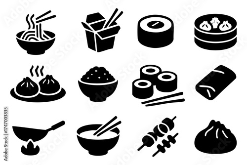 Asian food icon set – sushi, noodles, rice, traditional cuisine symbols