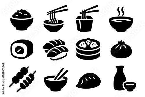 Asian food icon set – sushi, noodles, rice, traditional cuisine symbols