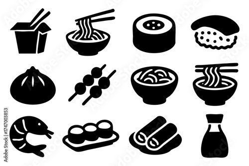 Asian food icon set – sushi, noodles, rice, traditional cuisine symbols