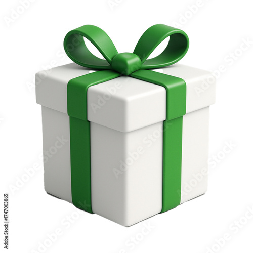 White gift box with green ribbon isolated on transparent background, 3d rendering