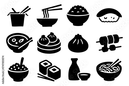 Asian food icon set – sushi, noodles, rice, traditional cuisine symbols