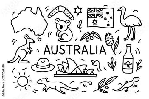 Australia map travels national icons doodle style line background