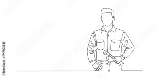 Minimalist continuous one line drawing of a person in work attire holding a tool vector