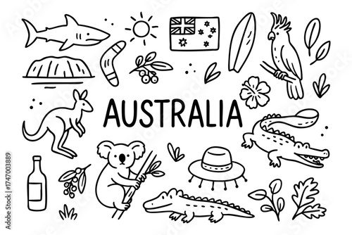 Australia map travels national icons doodle style line background