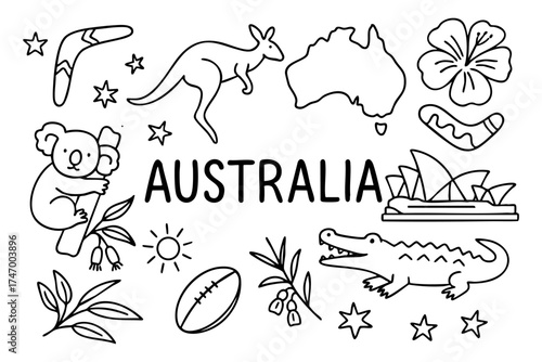 Australia map travels national icons doodle style line background