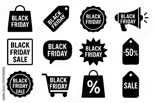 Black Friday icon set – sale, discount, shopping vector illustration