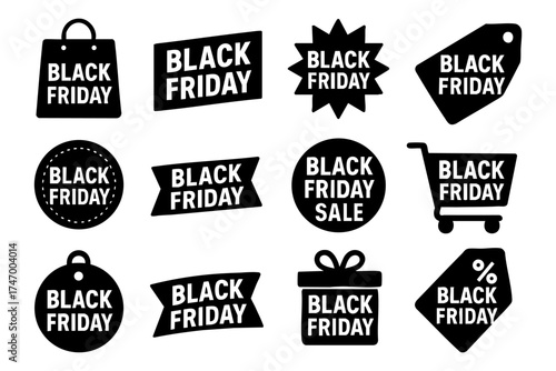 Black Friday icon set – sale, discount, shopping vector illustration