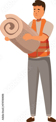 Warehouse worker carrying rolled up carpet or linoleum flooring material