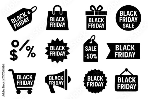 Black Friday icon set – sale, discount, shopping vector illustration
