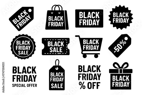 Black Friday icon set – sale, discount, shopping vector illustration