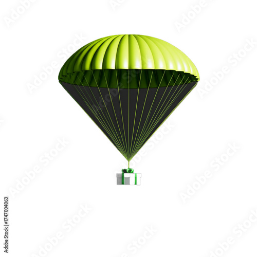 Gift box with parachute isolated on transparent background, delivery concept