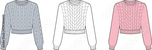 Cropped knit sweaters illustration set with cable and chevron patterns, long sleeve fashion apparel design for catalog, textile, clothing, winter wear