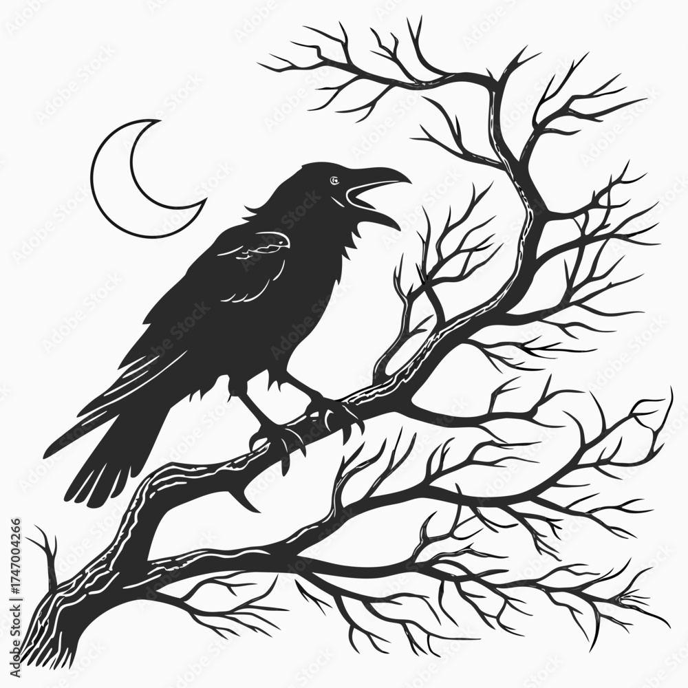 Fototapeta premium Black crow perched on bare branches with crescent moon
