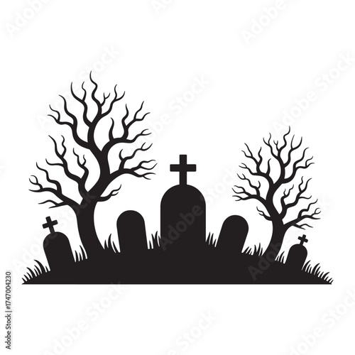 Spooky halloween graveyard silhouette with bare trees and tombstones on a white background