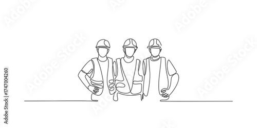 Continuous single line drawing of three construction workers standing together wearing hard hats vector