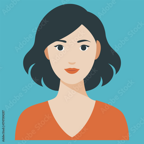 Flat illustration of a young woman with dark hair and red earrings, Flat vector illustration of a woman with dark hair, red lipstick, and red earrings against an orange background.