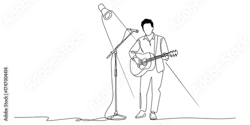Continuous single line drawing of a person playing a guitar next to a tall easel holding a canvas vector