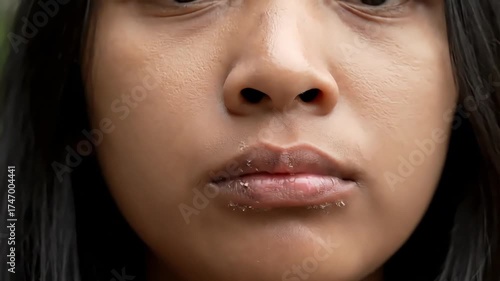 Close-up of a young Asian woman with dry, chapped lips.

