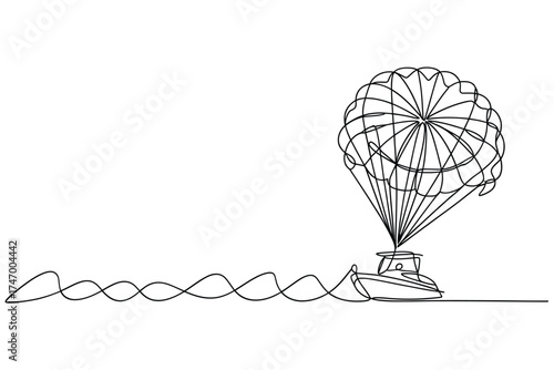 Whimsical hot air balloon tethered to a small boat with a winding rope