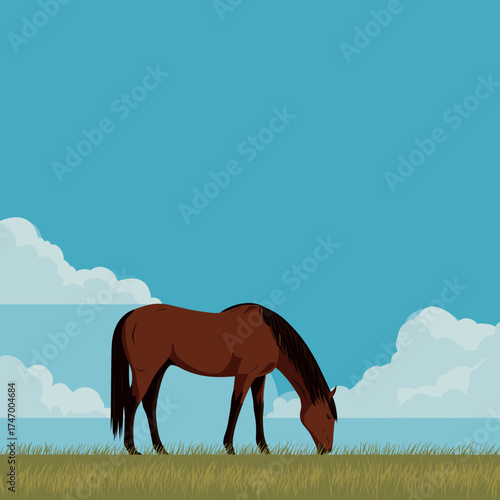 Brown horse grazing in a green field under blue sky with clouds  