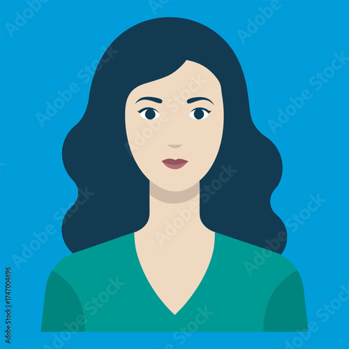 Flat illustration of a young woman with dark hair and red earrings, Flat vector illustration of a woman with dark hair, red lipstick, and red earrings against an orange background.