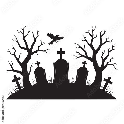 Spooky halloween cemetery silhouette with bare trees and flying crow at dusk