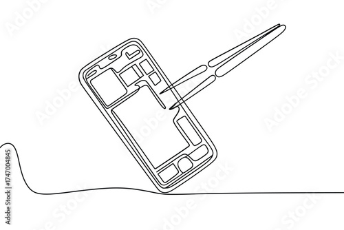 Single line drawing of smartphone being repaired with pliers and wire