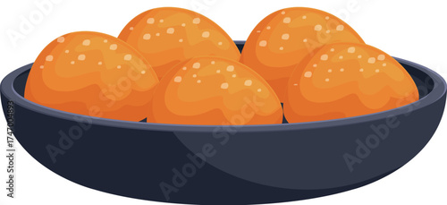 Five golden brown, crispy chicken balls, coated in breadcrumbs, are beautifully arranged on a dark gray, oval serving dish