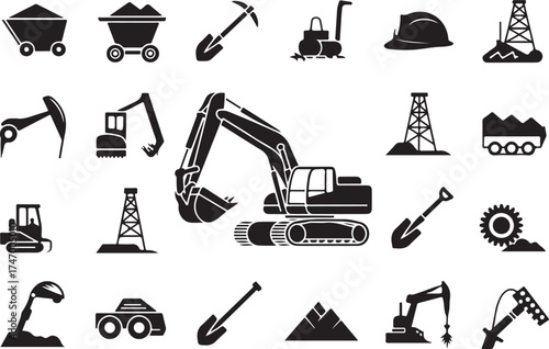 Black and white mining and construction icons representing various essential equipment