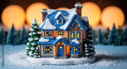 Miniature house with a blue snow-covered roof and glowing windows surrounded by snow and trees.