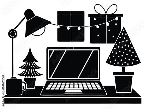 Vector art of festive workspace with laptop, gifts, and christmas trees