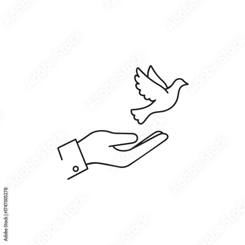Vector art of line art icon depicting a hand gently releasing a dove into the air, symbolizing freedom, peace, hope, and letting go