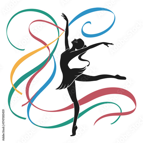 Black silhouette of a dancer with colorful flowing ribbons