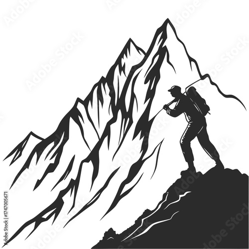 Black silhouette of a lone climber on a rugged mountain peak