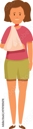 Young girl is standing with her broken arm wrapped in a bandage sling, feeling sad and disappointed