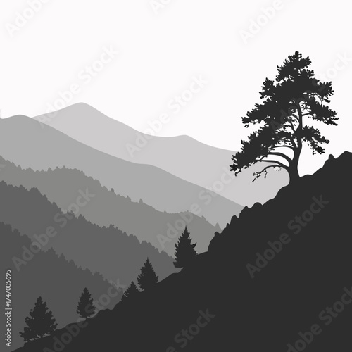 Black silhouette of a lone pine tree on a mountain ridge