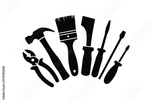 Silhouette of various hand tools arranged in a fan shape on a white background